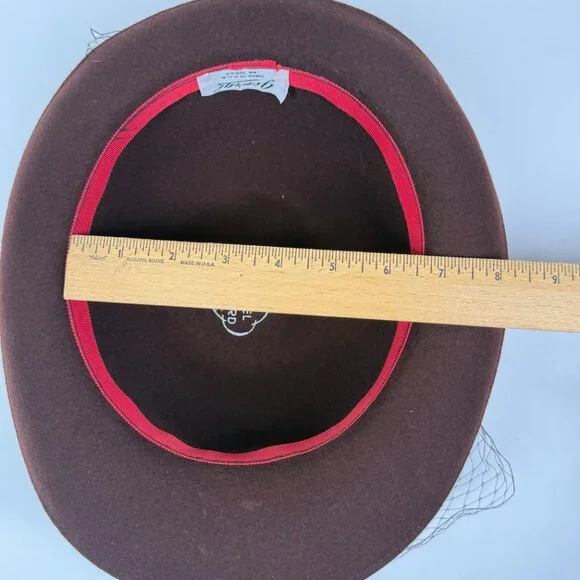 Vintage Georgi Brown Felt Hat Satin Bow Netting Accent Made in USA - Picture 6 of 8